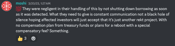 A screenshot of a user's comments in Euler's discord in which the user complains about the Euler teams handling of the hack