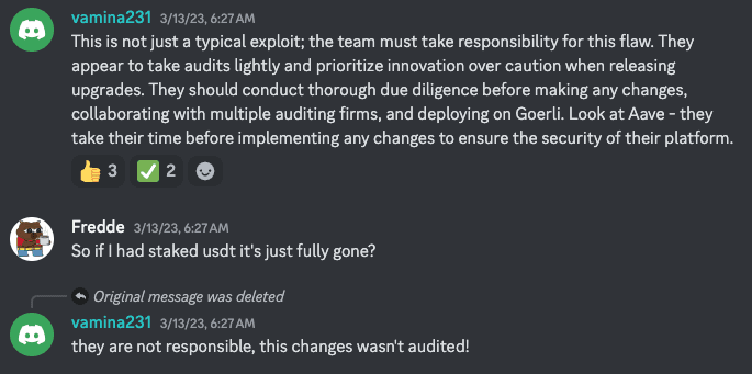 A screenshot of a user's comments in Euler's discord of a user saying the Euler team was irresponsible for not auditing the changeset that caused the hack