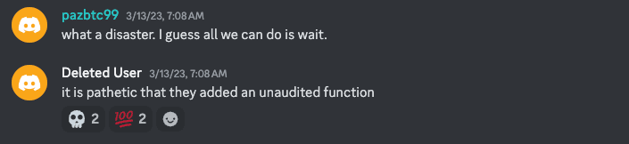A screenshot of a user's comments in Euler's discord of a user saying the changeset wasn't audited and calling the situation pathetic