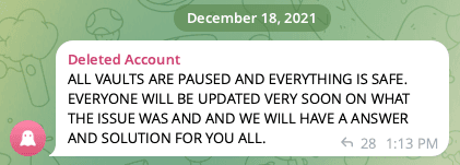 A screenshot of the Grim Finance telegram channel with an all caps announcements about everything being safe